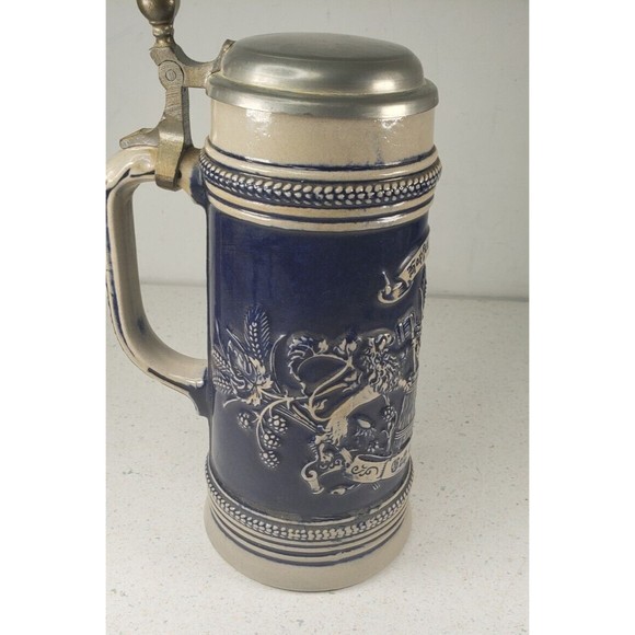 Vintage Original Gerzit Lidded German Stoneware Beer Stein Cobalt Blue Pewter - Picture 7 of 14